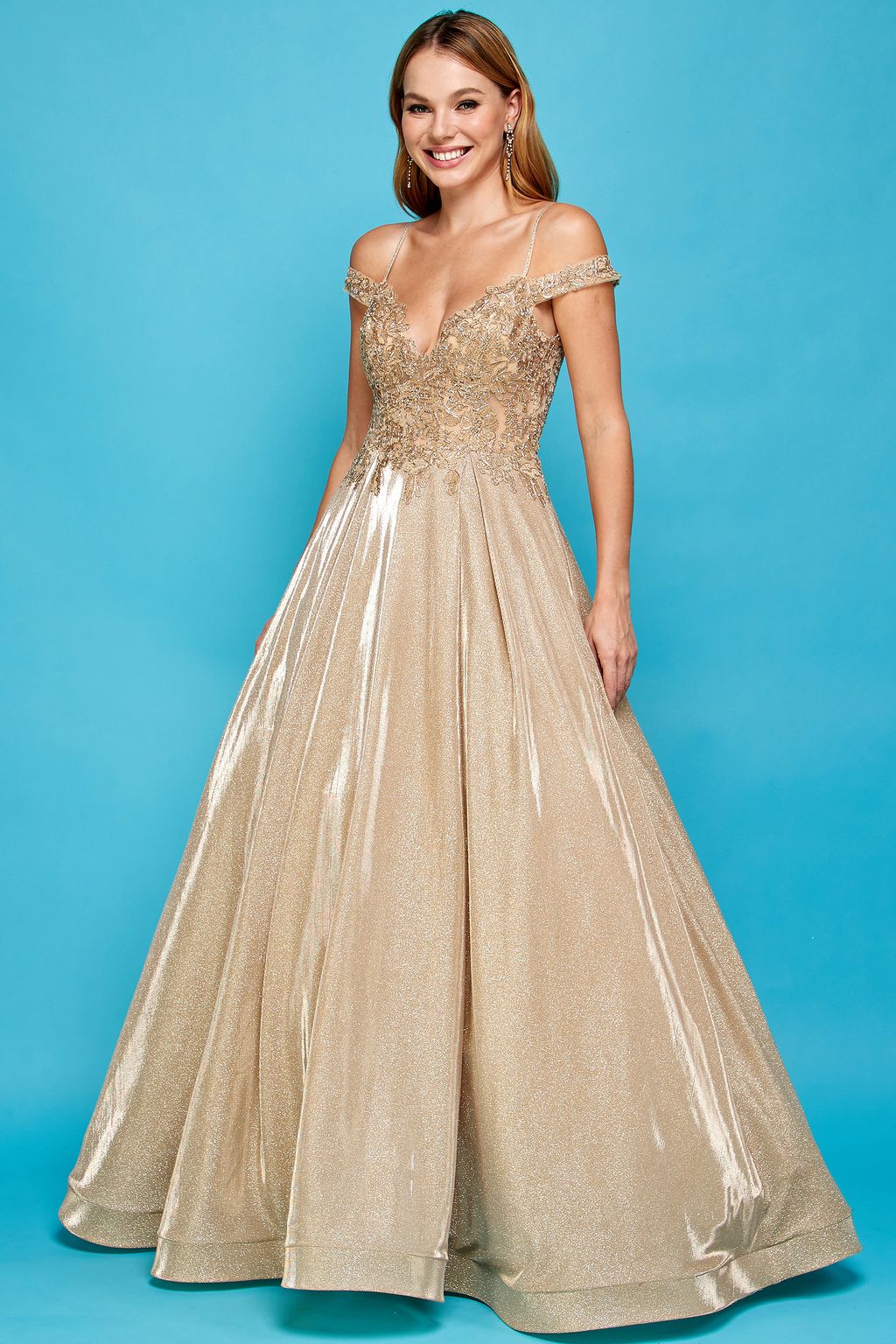 Prom Dresses Glitter Long A Line Metallic Lace Applique Prom Dress Champagne