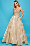 Prom Dresses Glitter Long A Line Metallic Lace Applique Prom Dress Champagne