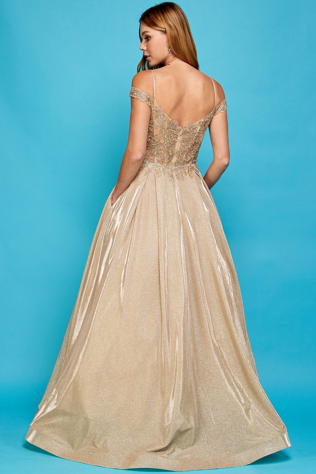 Prom Dresses Glitter Long A Line Metallic Lace Applique Prom Dress Champagne