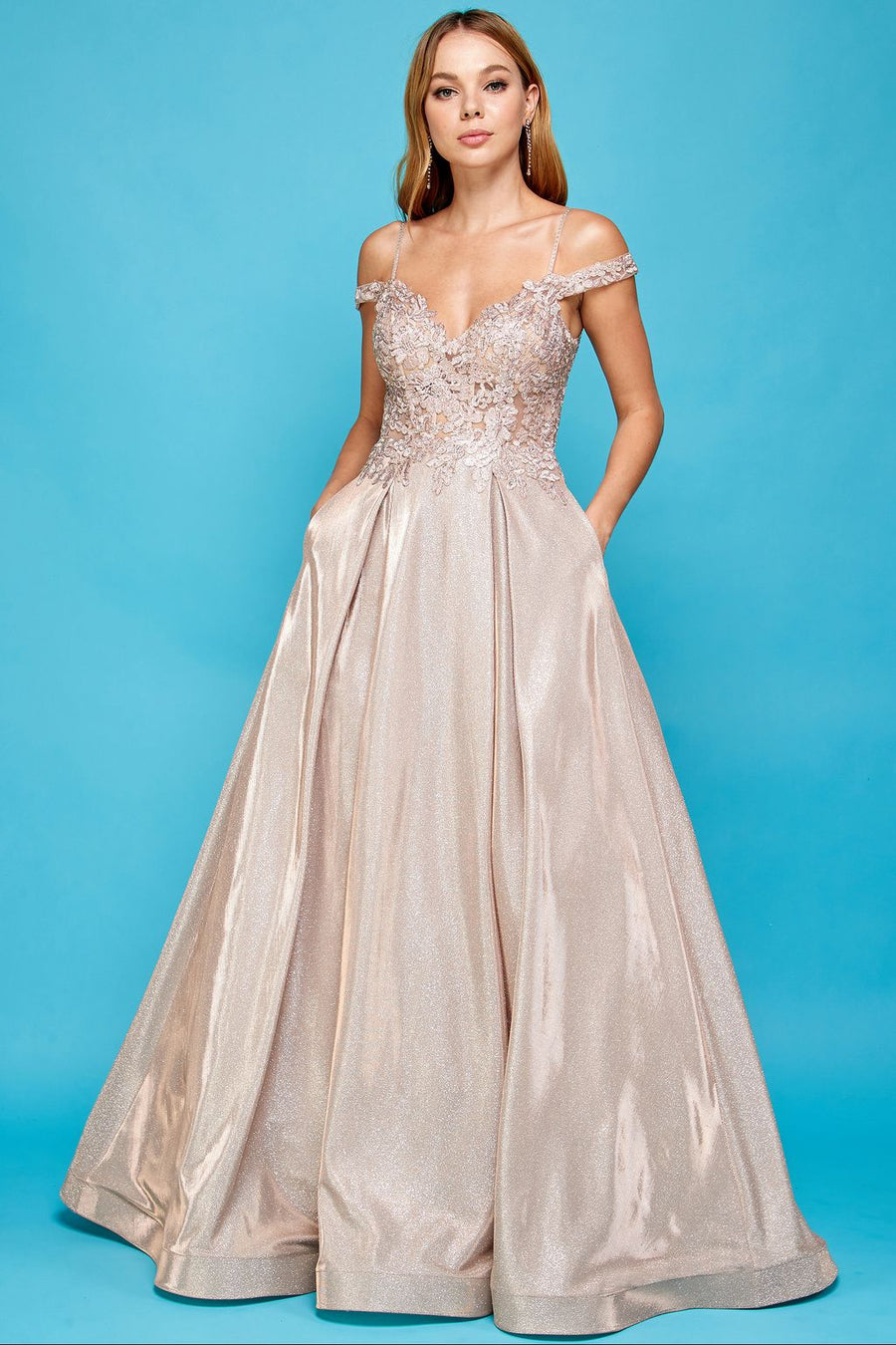 Prom Dresses Glitter Long A Line Metallic Lace Applique Prom Dress Rose