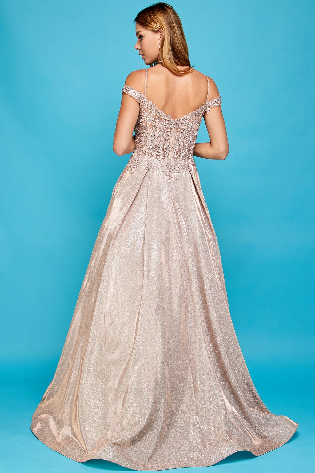 Prom Dresses Glitter Long A Line Metallic Lace Applique Prom Dress Rose