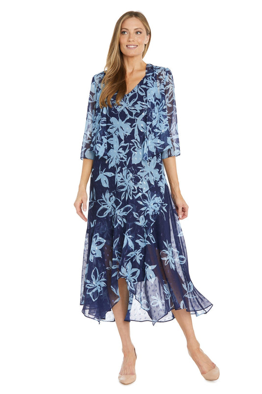 Mother of the Bride Dresses Floral High Low Print Mother of the Bride Jacket Dress  Navy/Periwinkle