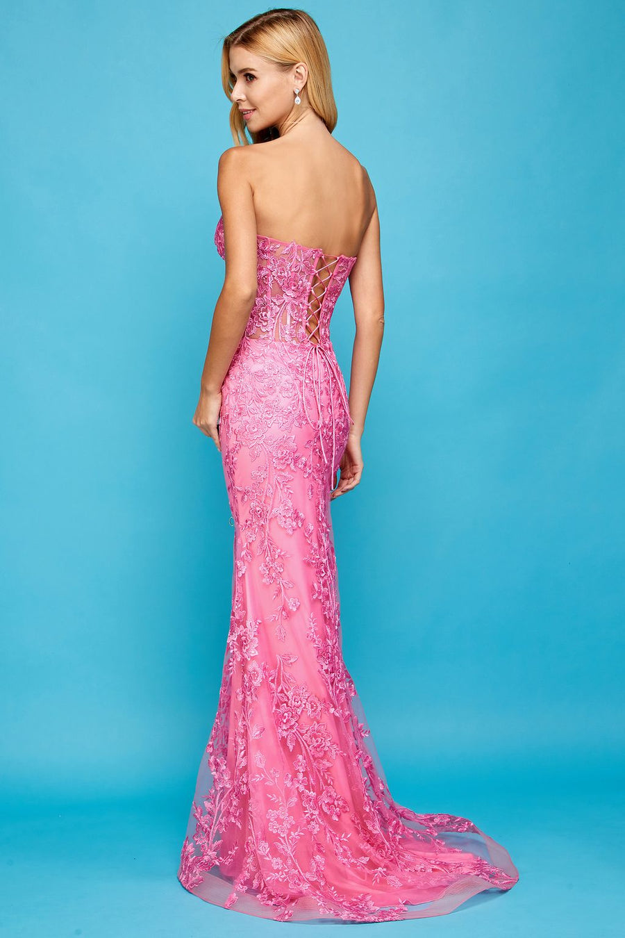 Prom Dresses Beaded Long Formal Lace Prom Dress Pink