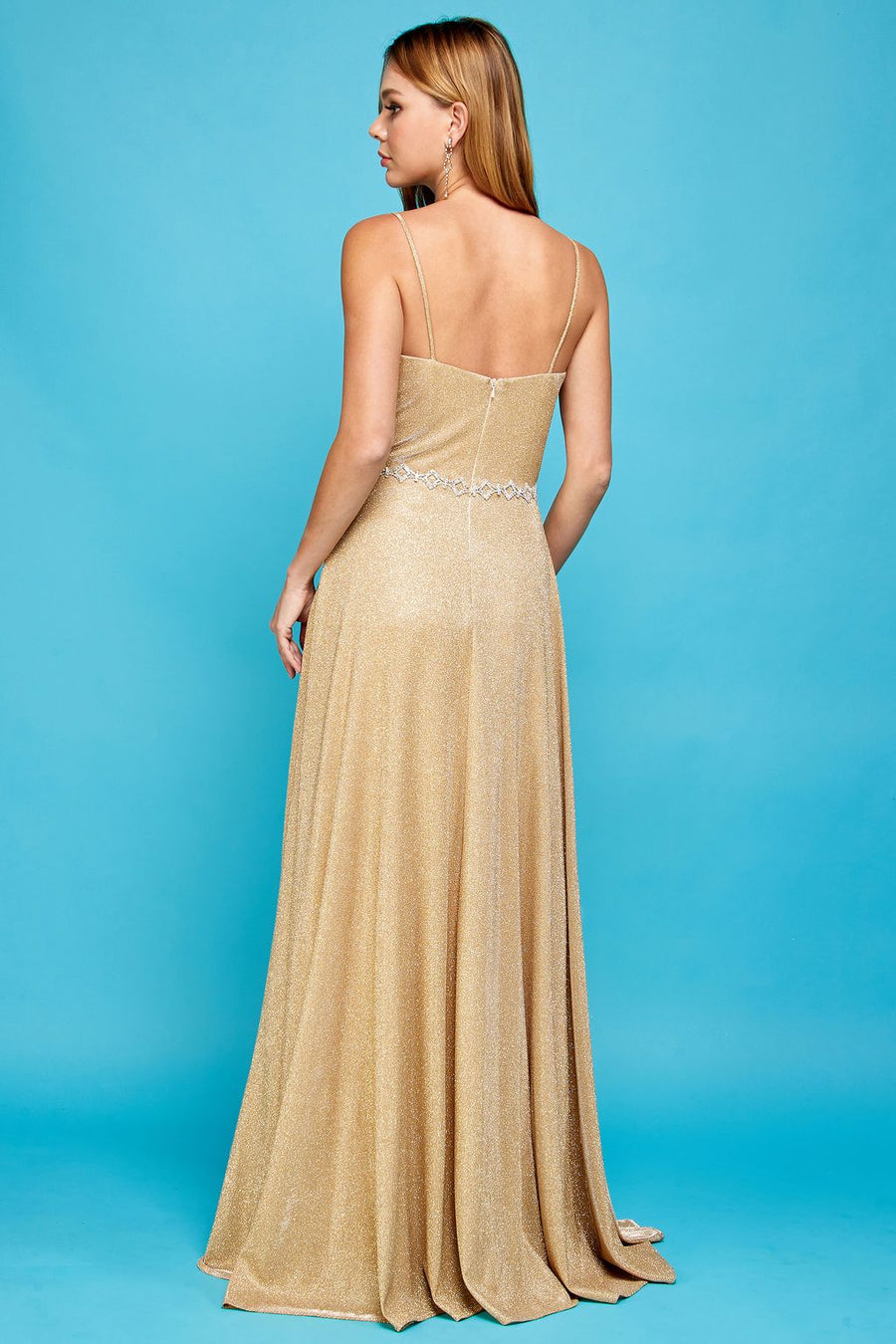 Prom Dresses Pleated Long Formal Metallic Glitter Prom Dress Champagne