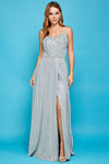 Prom Dresses Pleated Long Formal Metallic Glitter Prom Dress Silver