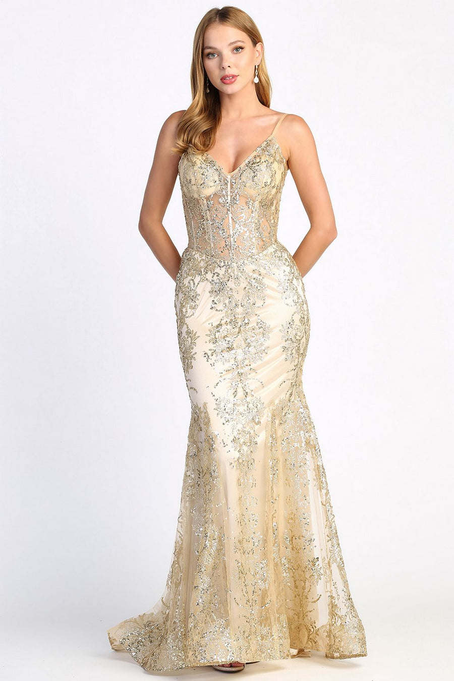 Prom Dresses Mermaid Long Formal Glitter Applique Prom Dress Champagne