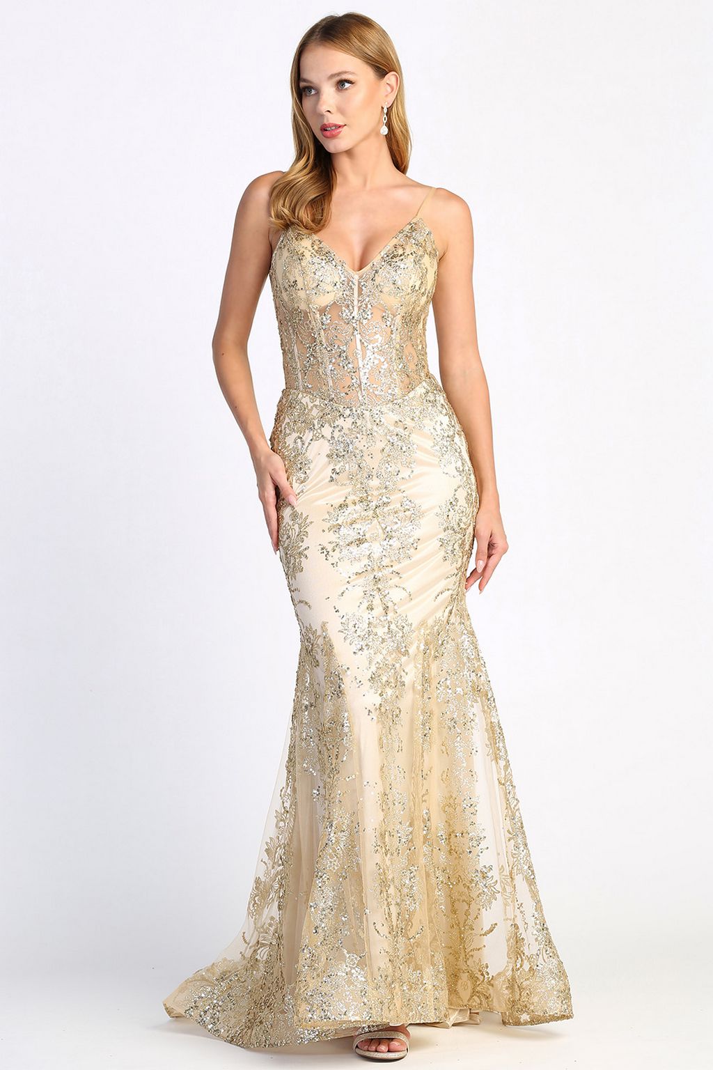 Prom Dresses Mermaid Long Formal Glitter Applique Prom Dress Champagne