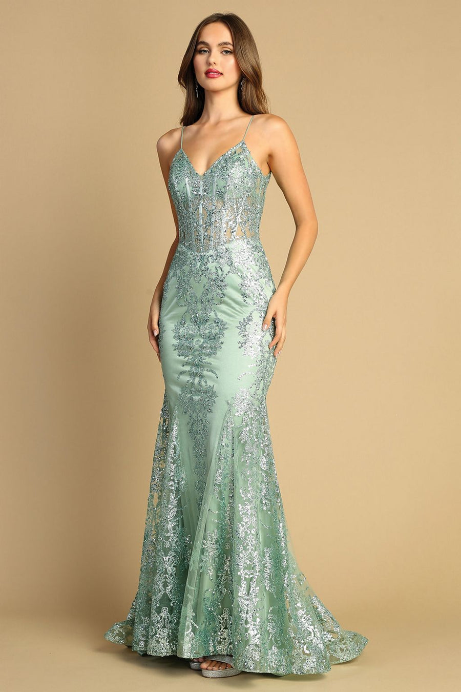 Prom Dresses Mermaid Long Formal Glitter Applique Prom Dress Sage