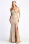 Prom Dresses Fitted Long Formal Metallic Slit Prom Dress Champagne