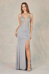 Prom Dresses Fitted Long Formal Metallic Slit Prom Dress Platinum