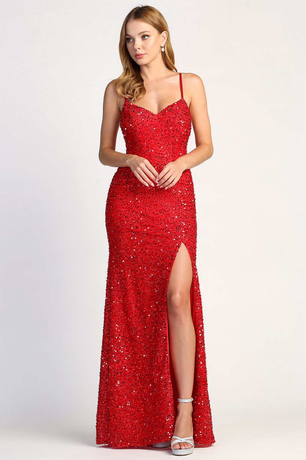 Prom Dresses Long Formal Fitted Sequin Prom Dress Red