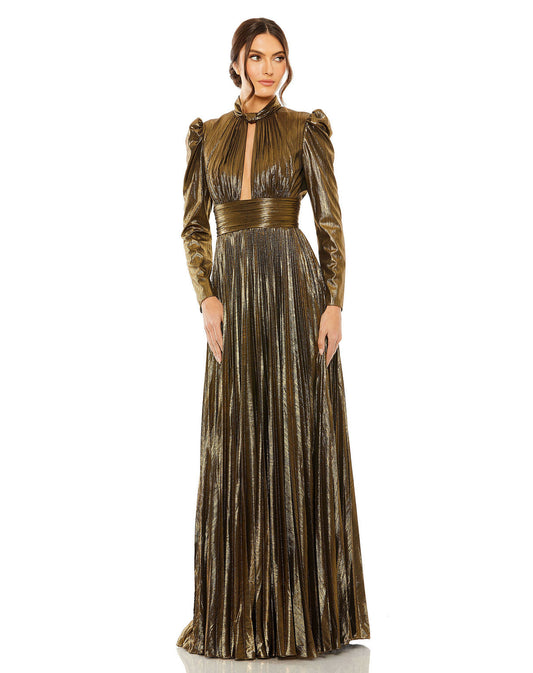 Formal Dresses Long Sleeve Pleated Formal Prom Keyhole Dress Antique Gold