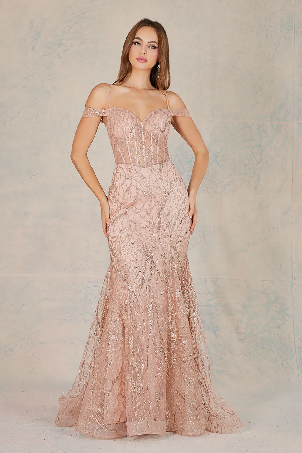 Prom Dresses Fitted Long Formal Glitter Mermaid Printed Prom Dress Rose Gold