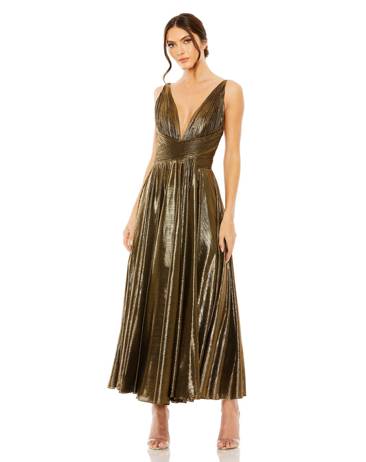 Prom Dresses Pleated Metallic Formal Tea Length Prom Dress Antique Gold