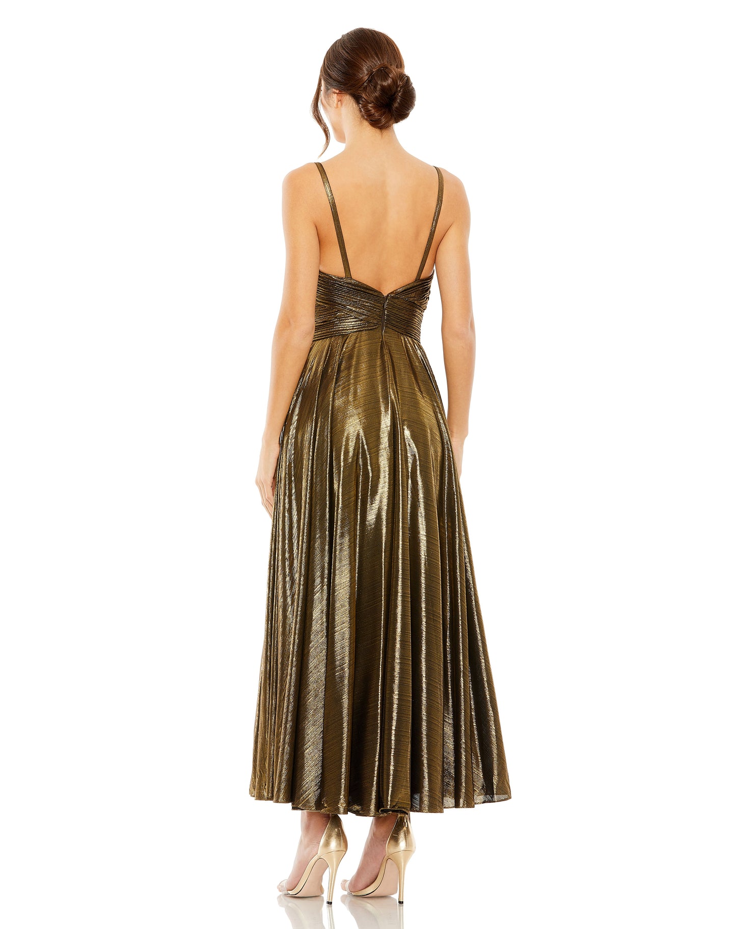 Prom Dresses Pleated Metallic Formal Tea Length Prom Dress Antique Gold