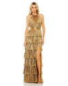 Formal Dresses Long Heat Pleated Tiered Ruffle Metallic Dress Gold