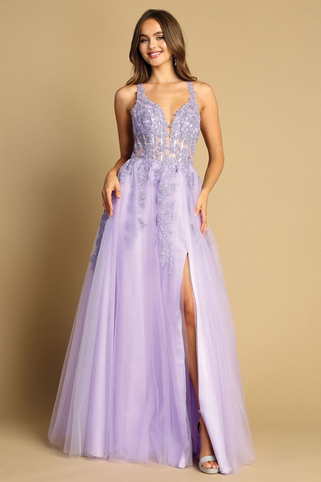 Prom Dresses Long Slit Prom A Line Lace fomal Dress Lavender