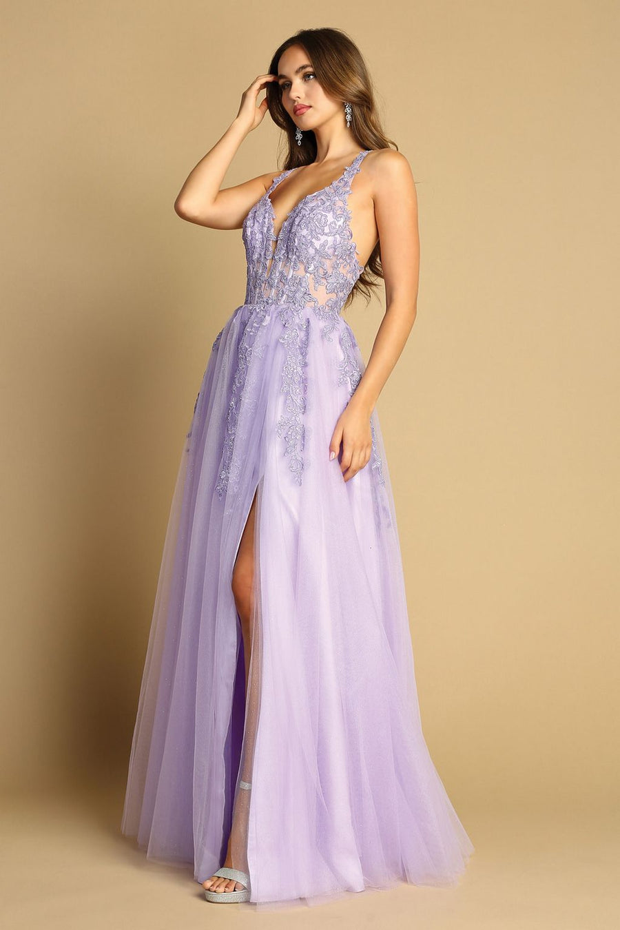 Prom Dresses Long Slit Prom A Line Lace fomal Dress Lavender