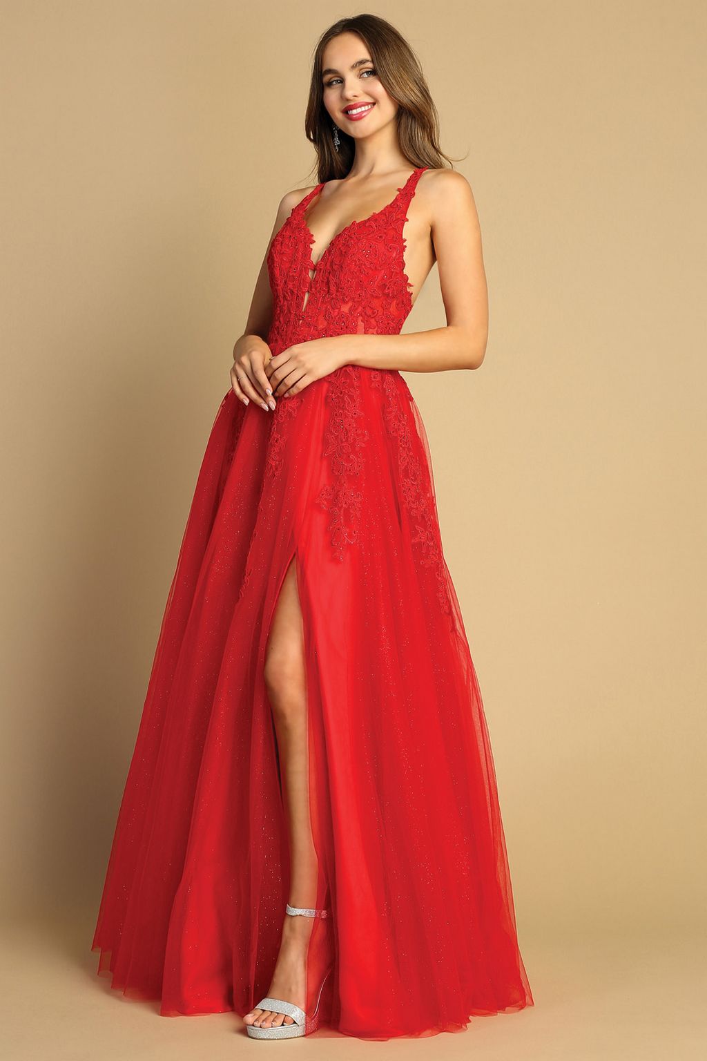 Prom Dresses Long Slit Prom A Line Lace fomal Dress Red