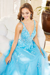 Prom Dresses A Line Long Formal Floral Glitter Prom Dress Deep Sky Blue