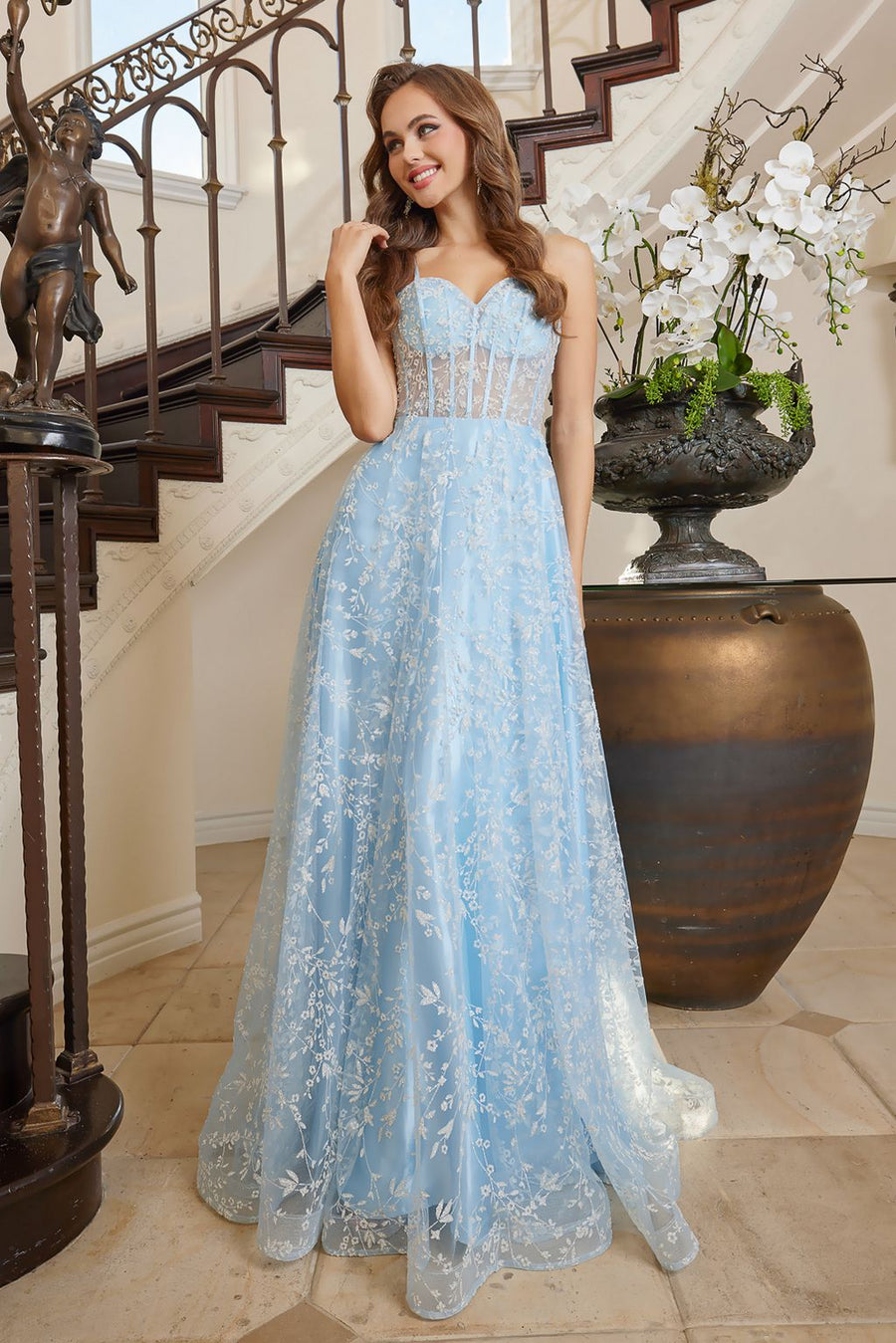 Prom Dresses Prom A Line Floral Evening Formal Dress Light Blue