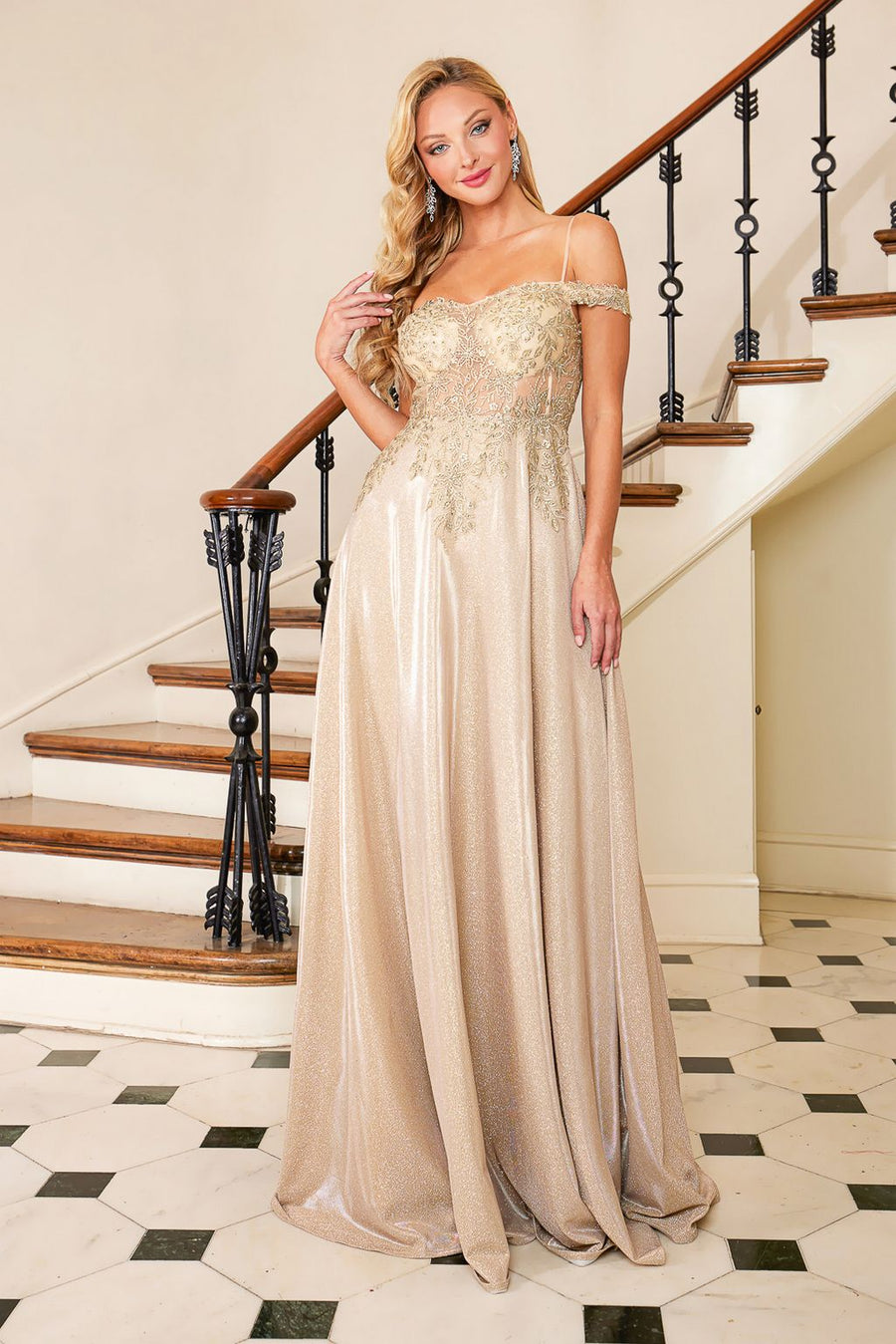 Prom Dresses Prom Long A Line Glitter Applique Formal Dress Champagne