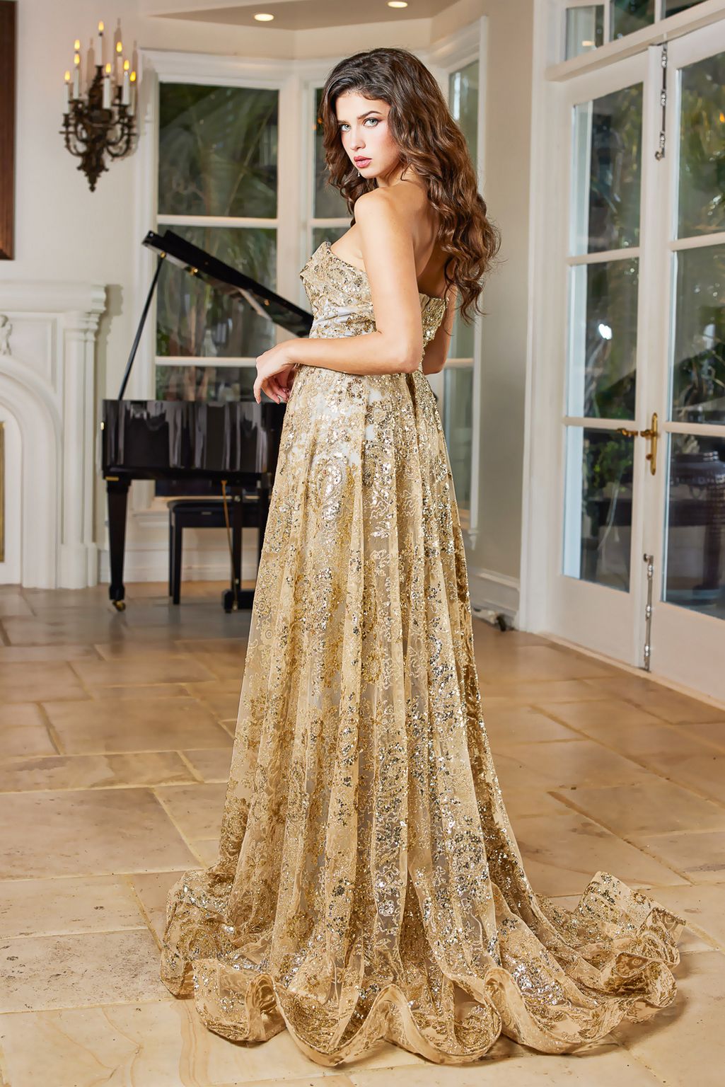Prom Dresses Prom Long Glitter Print Overskirt Formal Dress Gold/Cloud