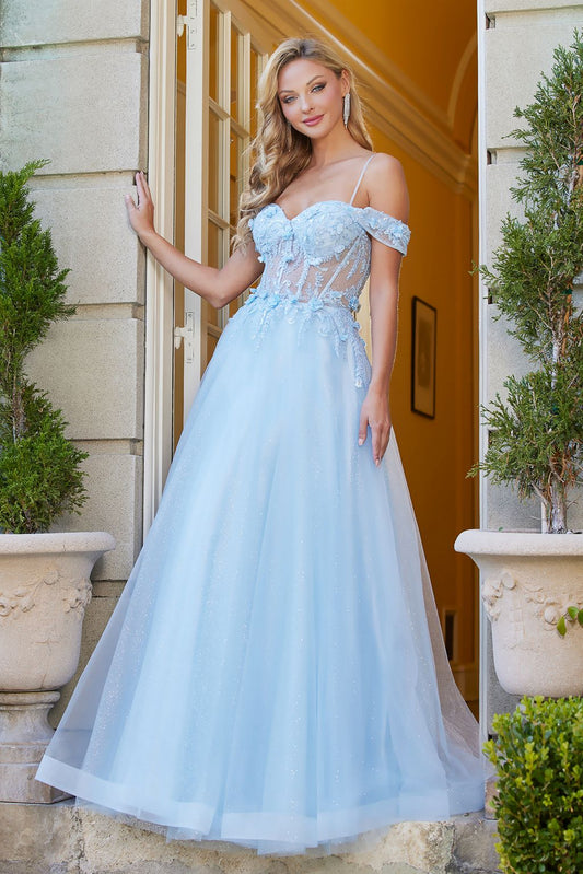 Prom Dresses Prom Long 3D Floral Applique Formal Dress Baby Blue
