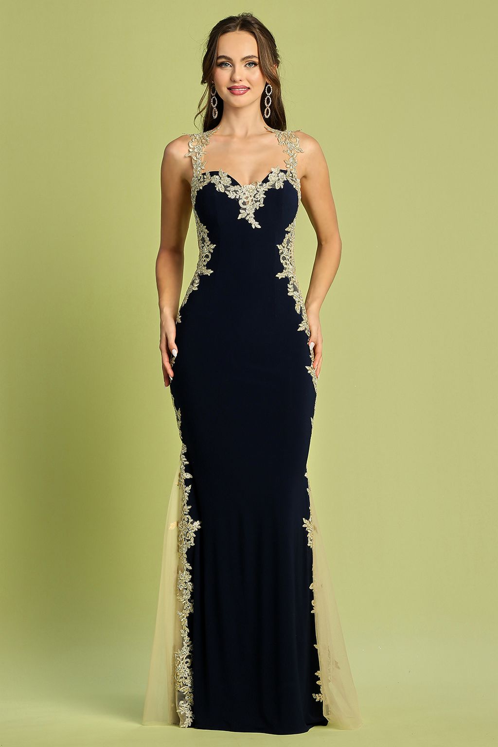 Prom Dresses Long Formal Mermaid Fit Applique Prom Dress Navy/Gold