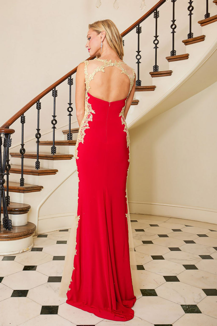 Prom Dresses Long Formal Mermaid Fit Applique Prom Dress Red/Gold