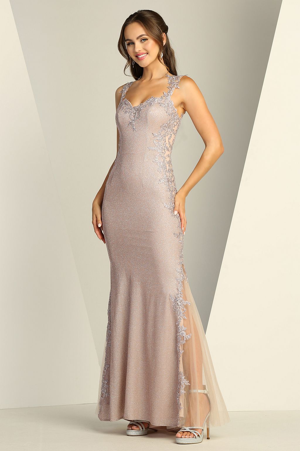 Prom Dresses Beaded Applique Prom Long Mermaid Metallic Formal Dress Rose