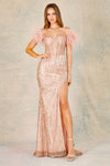 Prom Dresses Prom Glitter Long Formal Feather Slit Dress Rose