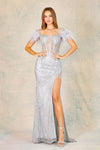 Prom Dresses Prom Glitter Long Formal Feather Slit Dress Silver