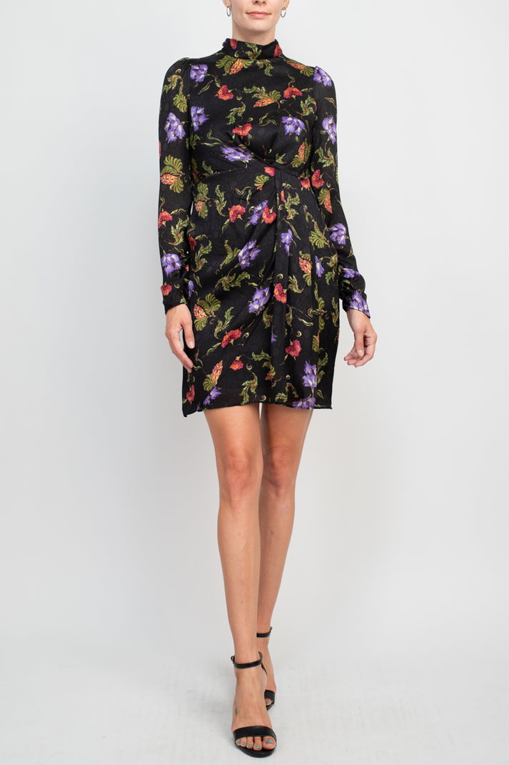Cocktail Dresses Short Printed Long Sleeve Fitted Cocktail Dress Black Lapis