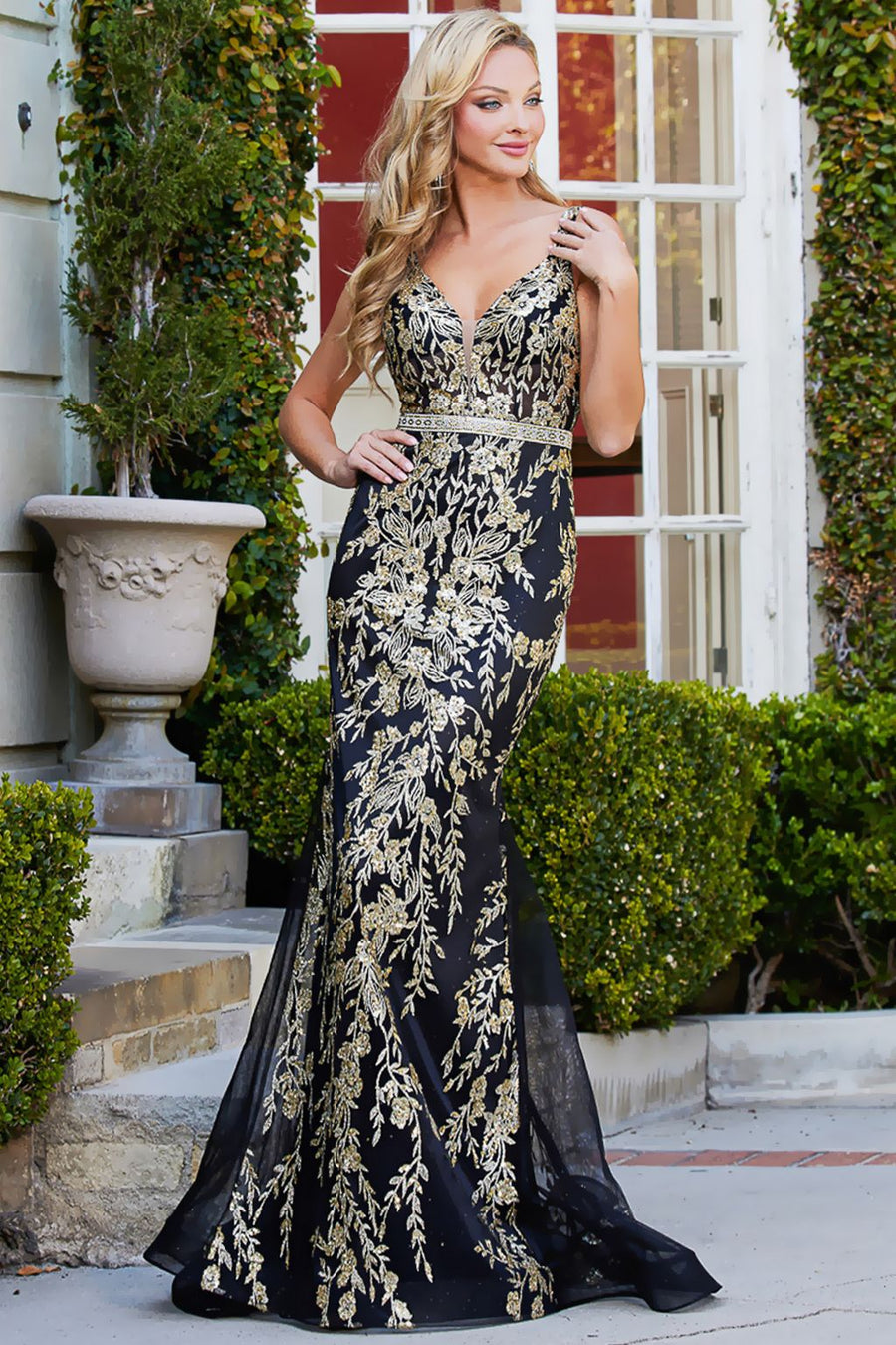 Prom Dresses Mermaid Long Formal Glitter Prin Prom Dress Black/Gold