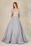 Prom Dresses Long Metallic Glitter Formal Feather Prom Dress Platinum