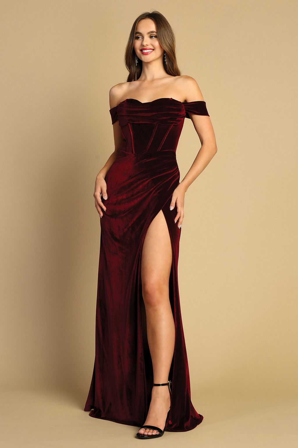 Prom Dresses Long Fitted Formal Corset Velvet Prom Dress Burgundy