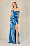 Prom Dresses Long Fitted Formal Corset Velvet Prom Dress Smoky Blue