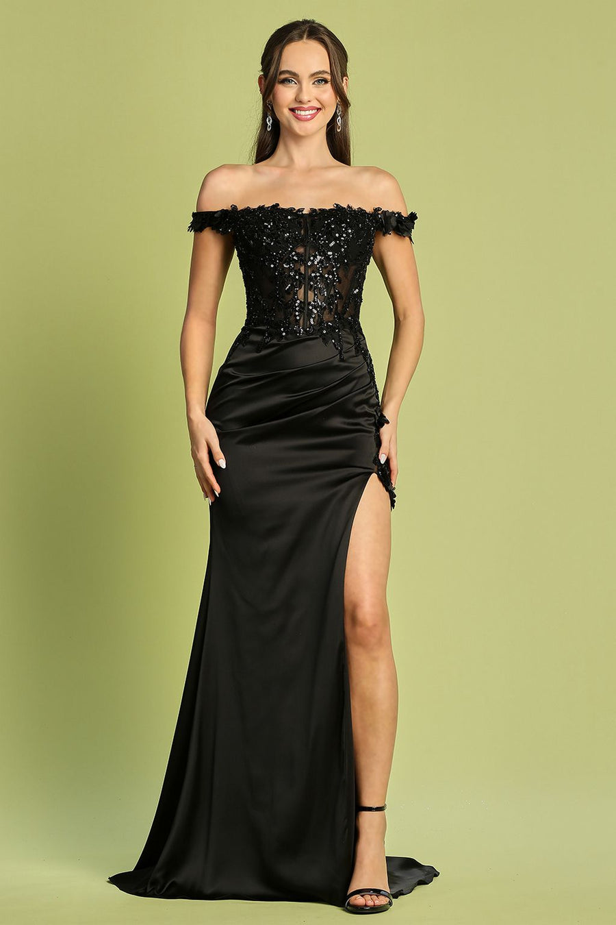 Prom Dresses Long Formal 3D Floral Applique Prom Dress Black