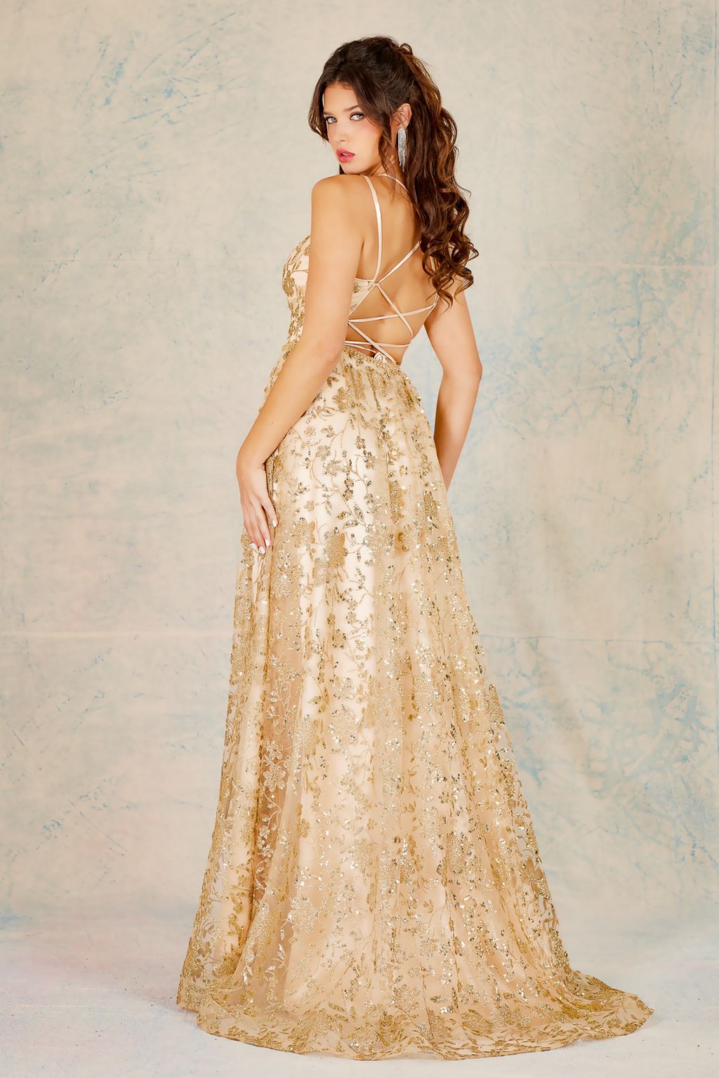 Prom Dresses Long Formal A Line Glitter Floral Print Prom Dress Champagne/Gold