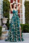 Prom Dresses Long Formal A Line Glitter Floral Print Prom Dress Emerald/Gold