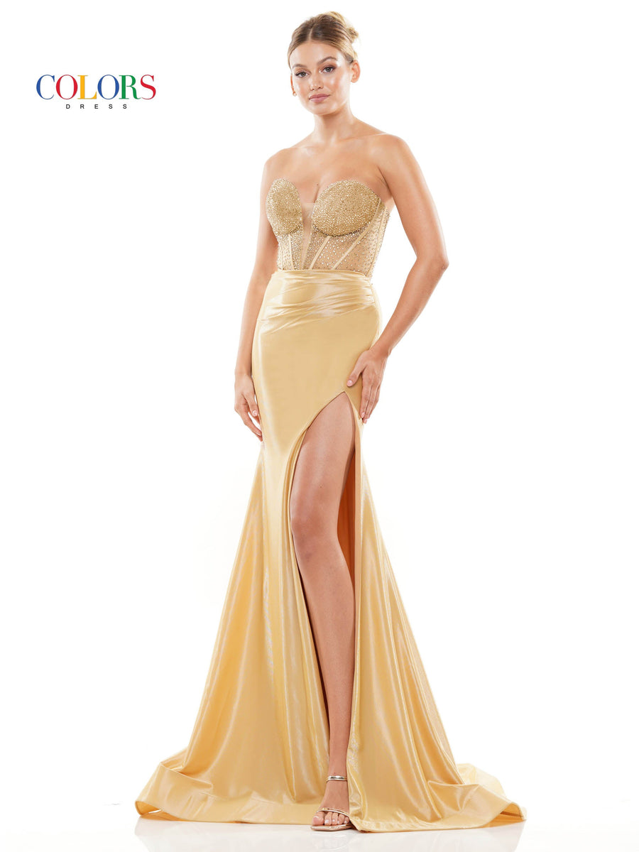 Prom Dresses Long Strapless Metallic Prom Dress Gold