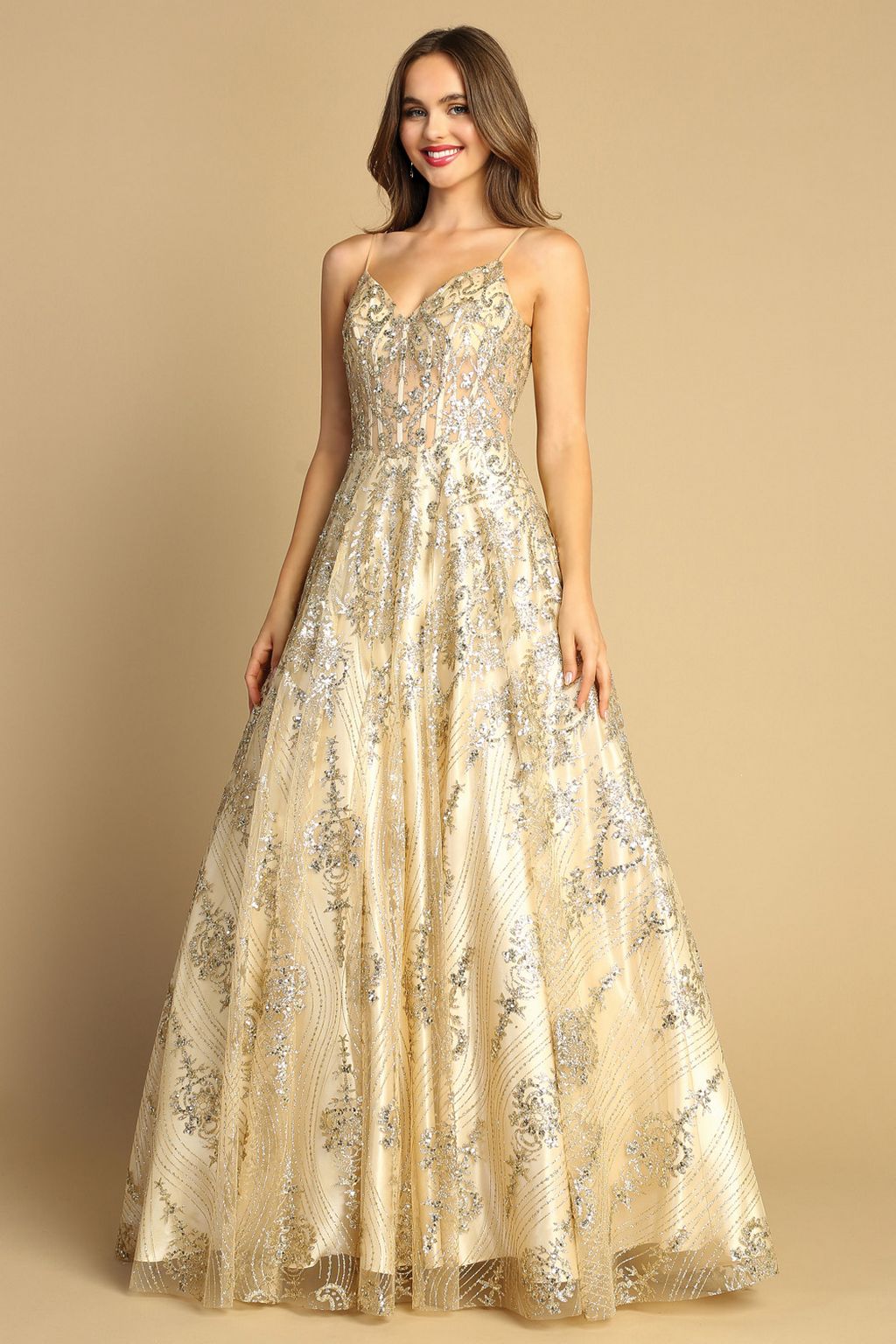 Prom Dresses A Line Long Glitter Prom Formal Dress Champagne