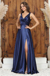 Prom Dresses Pleated Long Formal Slit A Line Prom Dress Navy