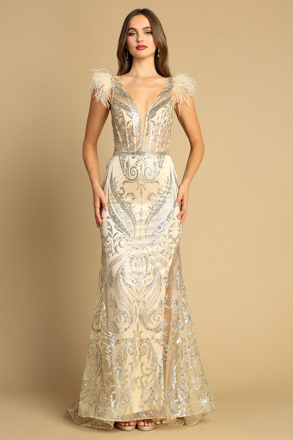 Prom Dresses Formal Long Printed Glitter Prom Dress Champagne