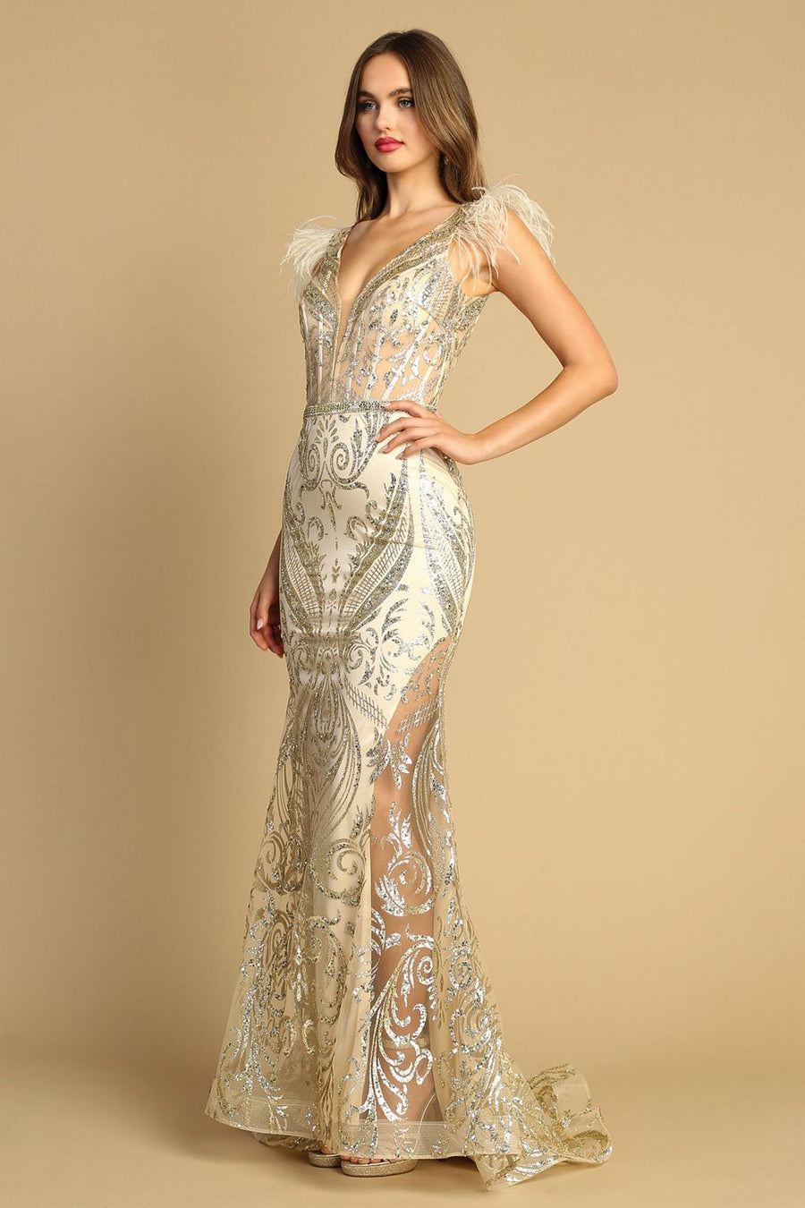 Prom Dresses Formal Long Printed Glitter Prom Dress Champagne