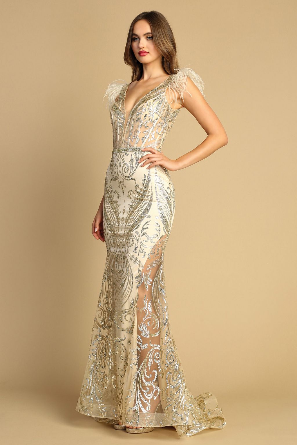 Prom Dresses Formal Long Printed Glitter Prom Dress Champagne