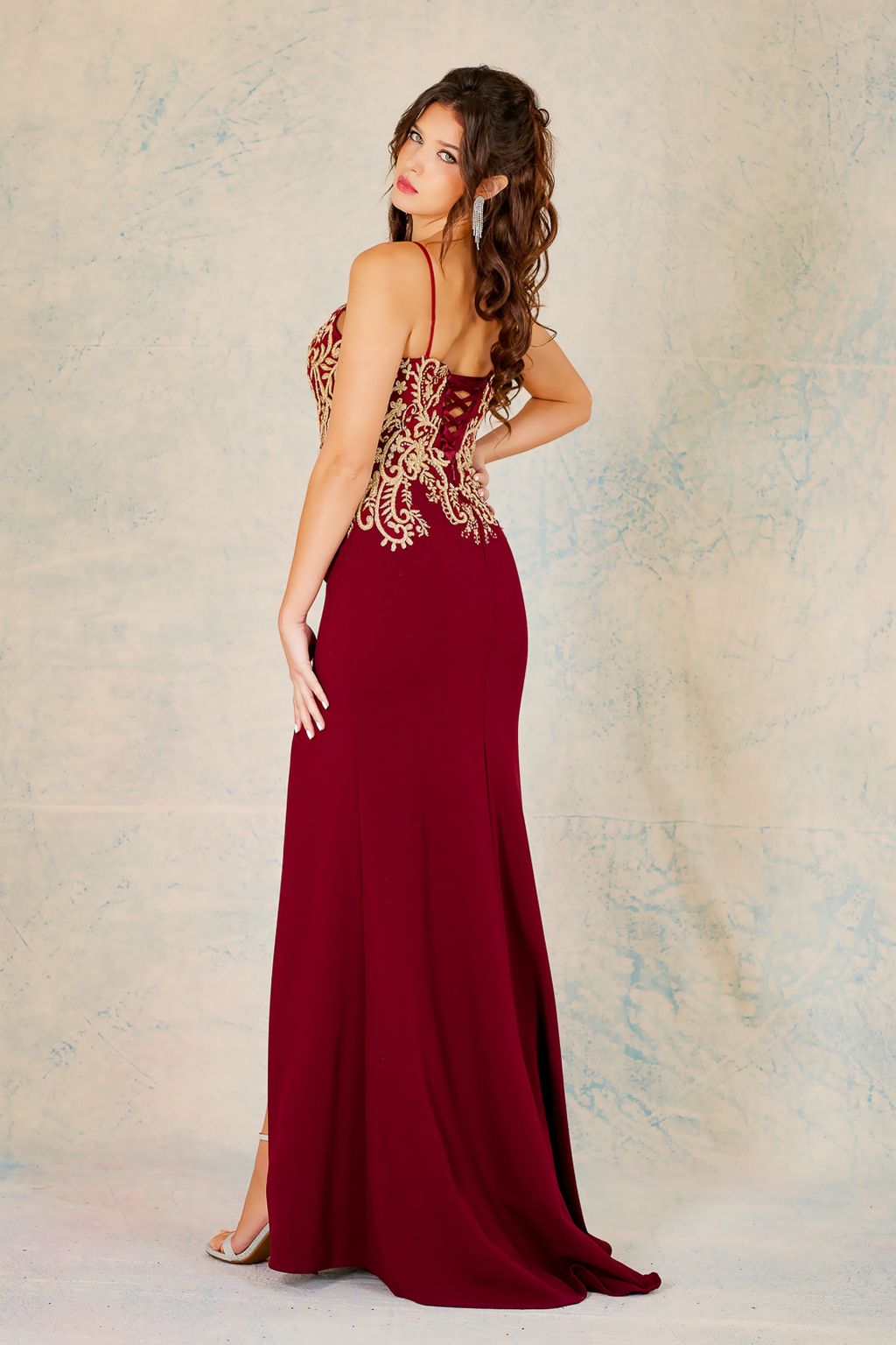 Prom Dresses Fitted Slit Long Formal Evening Prom Dress Burgundy/Gold