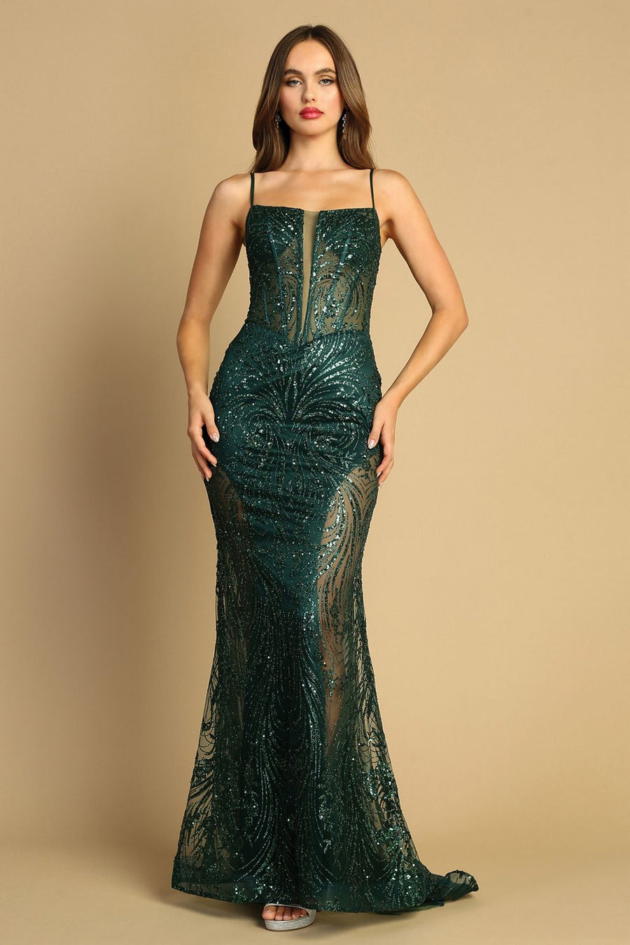 Prom Dresses Prom Fitted Slit Long Glitter Print Formal Dress  Dark Emerald