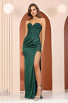 Prom Dresses Long Prom Fitted Beaded Lace Applique Slit Formal Dress Emerald